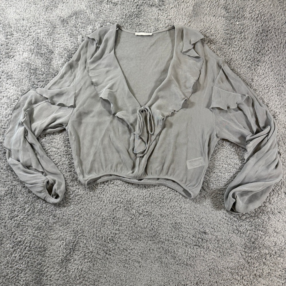 Zara Ruffled Cropped Blouse Size S Gray V-Neck Tie Front Long Sleeve Knit Top